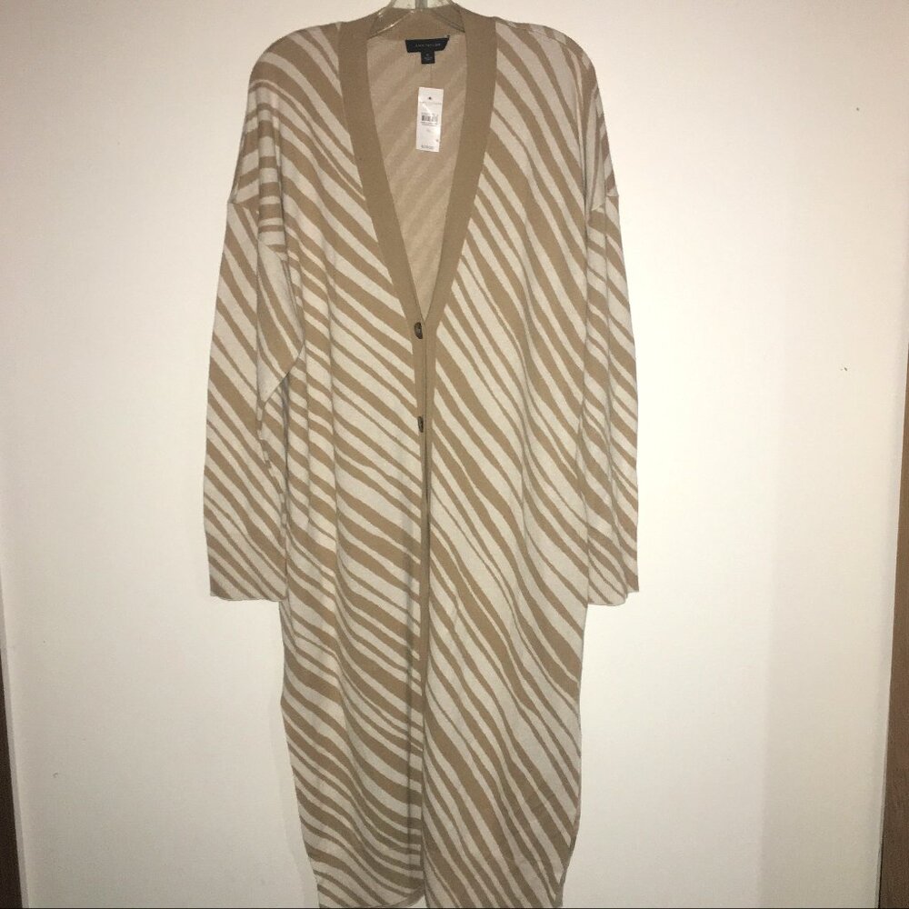 Ann Taylor Long Sweater Cardigan Duster White with Taupe Zebra Stripes XL NWT
